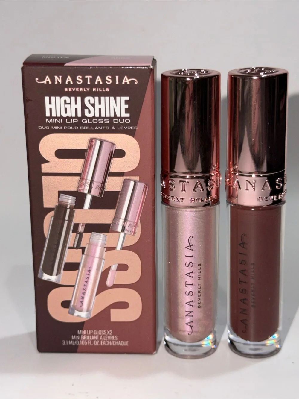 Anastasia Beverly Hills HIGH SHINE MINI LIP GLOSS DUO in AURA+MOLTEN NIB!